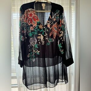 Chico’s Black Chiffon Embroidered Sheer Tunic